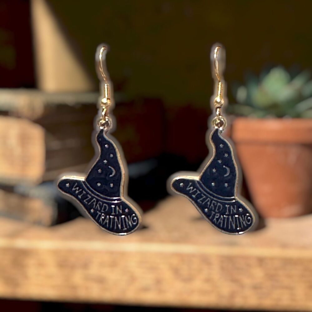 Halloween Enamel Black Witch Wizard Hat Gold Earrings #2256 - Picture 3 of 6